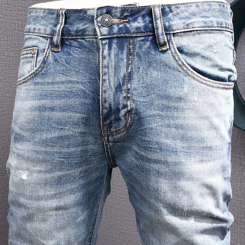 Streetwear Fashion Men Jeans High Quality Retro Blue Stretch Slim Fit Hole Ripped Jeans Men Patched Designer Hip Hop Denim Pants