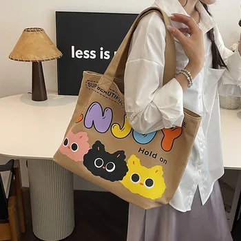 رسالة الكرتون القط نمط حمل حقيبة سعة كبيرة سميكة ارتداء مقاومة حقائب قماش حقيبة يد أنيقة حقيبة كتف المرأة 3