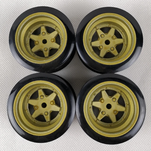 LAFEINA 4PCS Set 64mm Rubber Tires & Plastic Wheels For 1/10 RC On-Road Cars - Gold, Offset 6mm