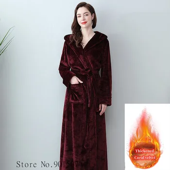 Women Hooded Warm Kimono Bath Robe Extra Long Kimono Shower Robes Loose Peignoirs Winter Coral Fleece Bathrobe Cozy Nightgown