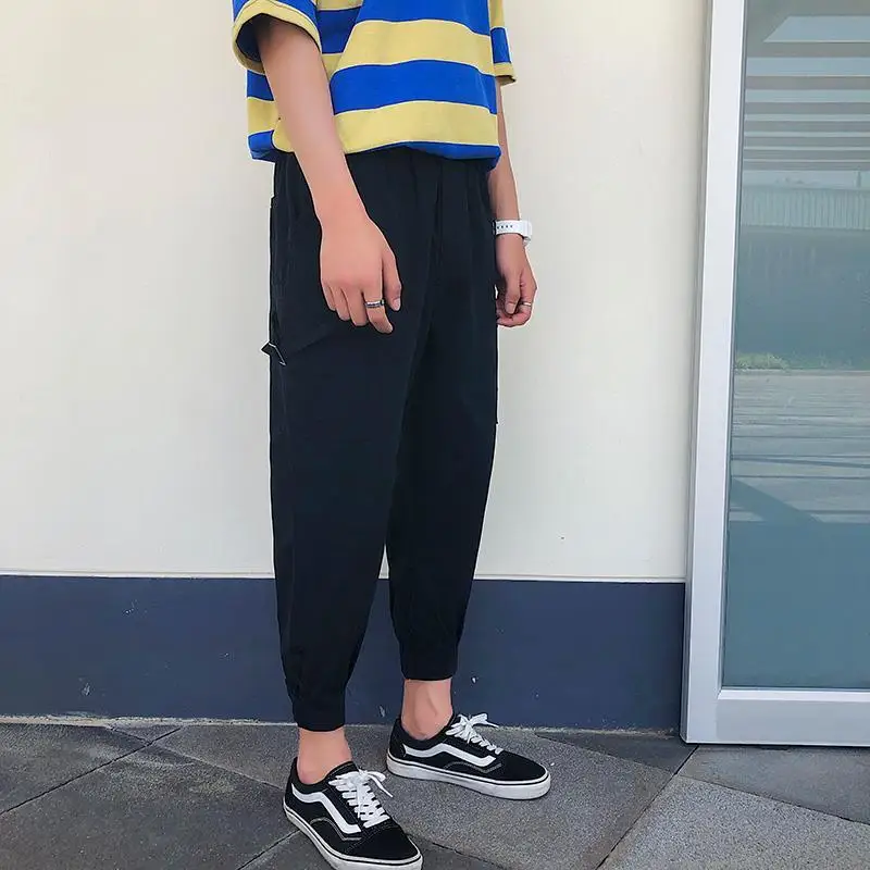 Spring Summer Fashion High Waist Loose Men's Clothing All MatchSolid Color Tie Feet Slimming Pockets Solid Cotton Casual Pants