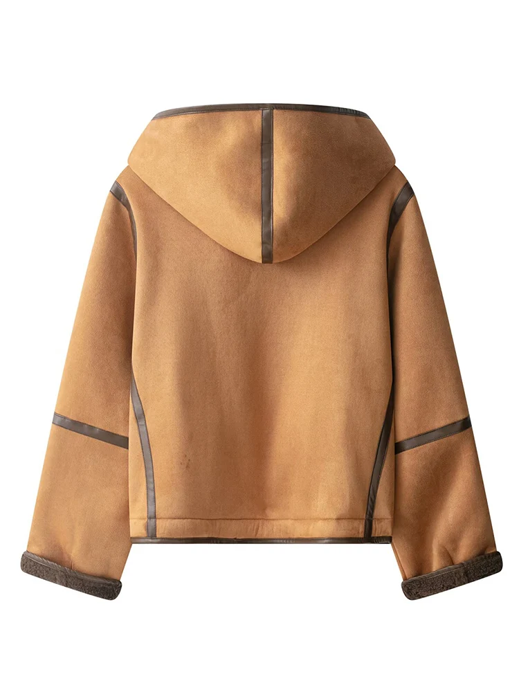 2025 Winter Women Faux Fur Suede Coat Casual Hooded Long Sleeve Horn Button Jacket Top Ladies Loose Thick Warm Outerwear