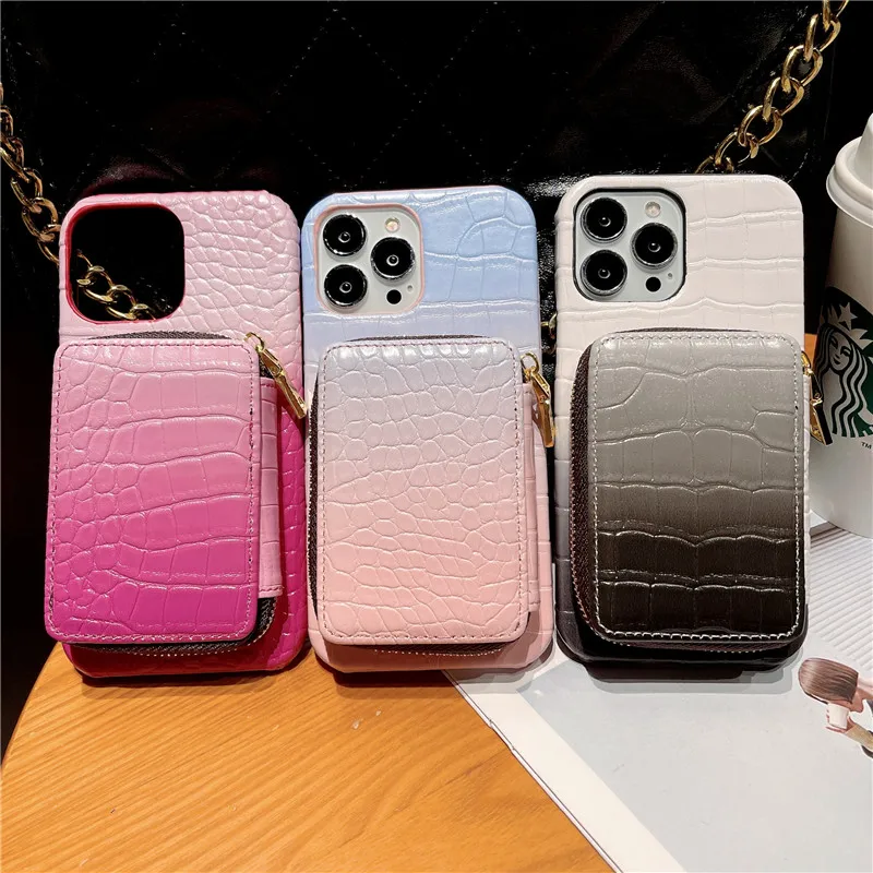 

Luxury Zipper Wallet Phone Case For iPhone 15 15Pro Max 14 Pro 13 12 11 Simple Card Pocket Crocodile Pattern PU Leather Cover