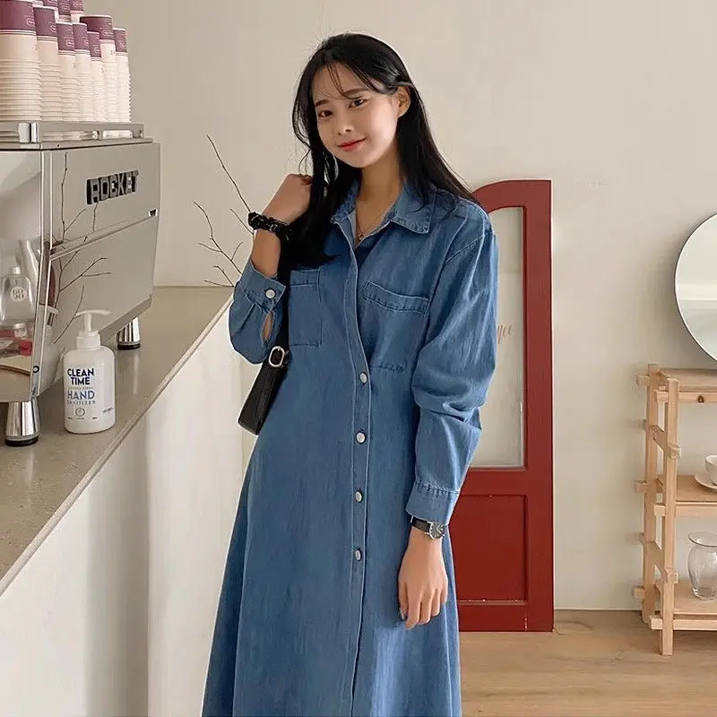 

Korean Denim Dress Women Early Autumn Asymmetric Design Shirt Collar Diagonal Buckle Slim Solid Color Vintage Jeans Dress Z2453