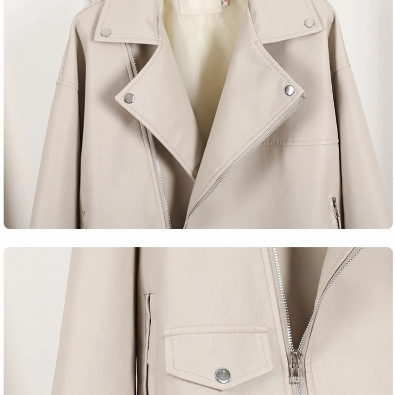 2023 Autumn Women Faux Leather Jacket Female Soft PU Outerwear Casual Oversized Solid Color Loose Motorcycle Biker Leather Coat