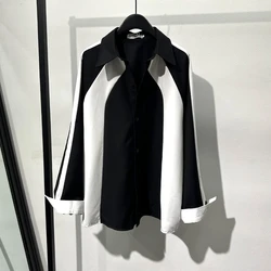 SuperAen Korean Autumn Black and White Panels Contrast Loose Long-sleeved Shirt High-end Patchwork Shirts