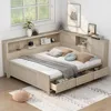 Full Size Daybed, Wood Full Daybed Frame with Storage Shelves and 3 Drawers, Antique White Milk 1