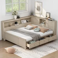 Full Size Daybed, Wood Full Daybed Frame with Storage Shelves and 3 Drawers, Antique White Milk 1