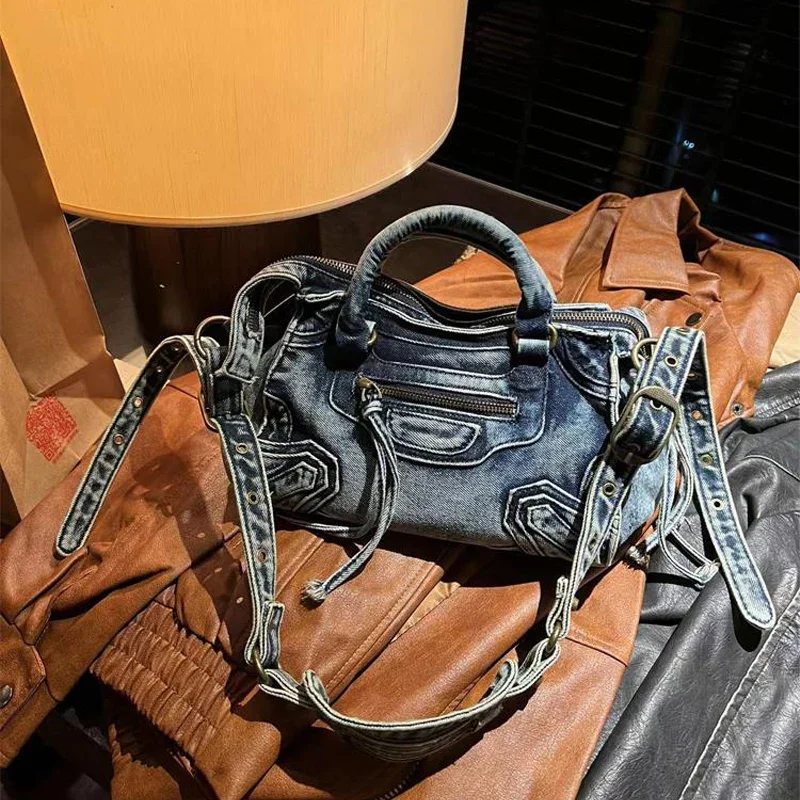 Denim Canvas Spicy Girl Motorcycle Bag Tote Bag Women 2024 European American Fashion Shoulder sac Crossbody Bag handbag female