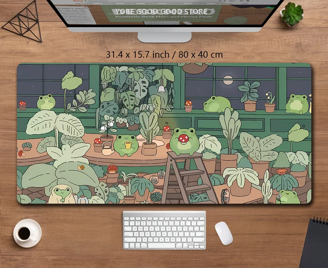 Laptop Mouse Pad Sapos Kawaii Deskmat Grande pc Gamer Mousepad Bonito Teclado Gaming Tapete Estético dos Desenhos Animados Cozi Lofi Plant Rug - Imagem 2