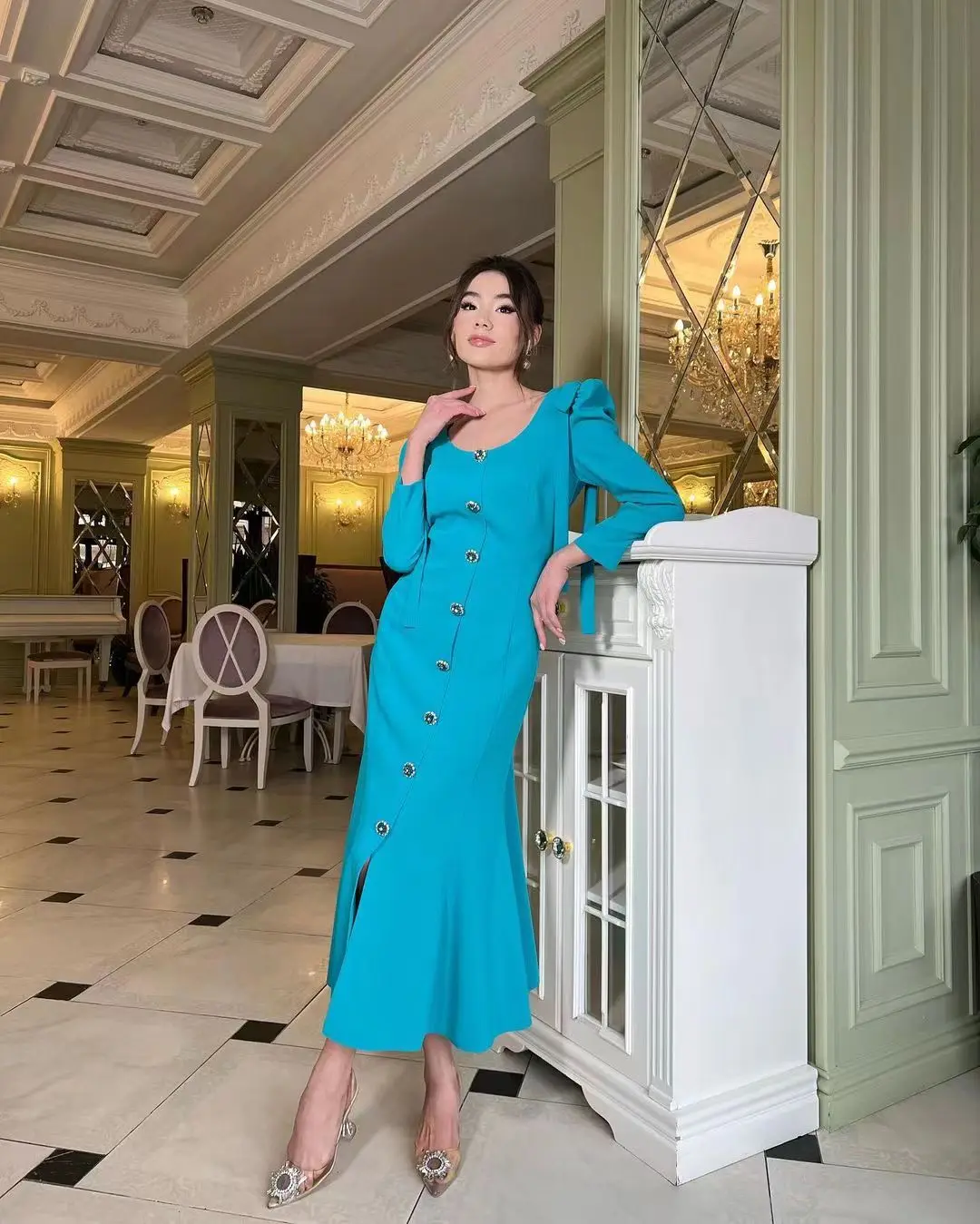 

Oisslec Rhinestone Buttons Prom Dresses 2024 For Women Long Sleeves Ankle-Length Arabia Robes De Formal Occasion Dresses