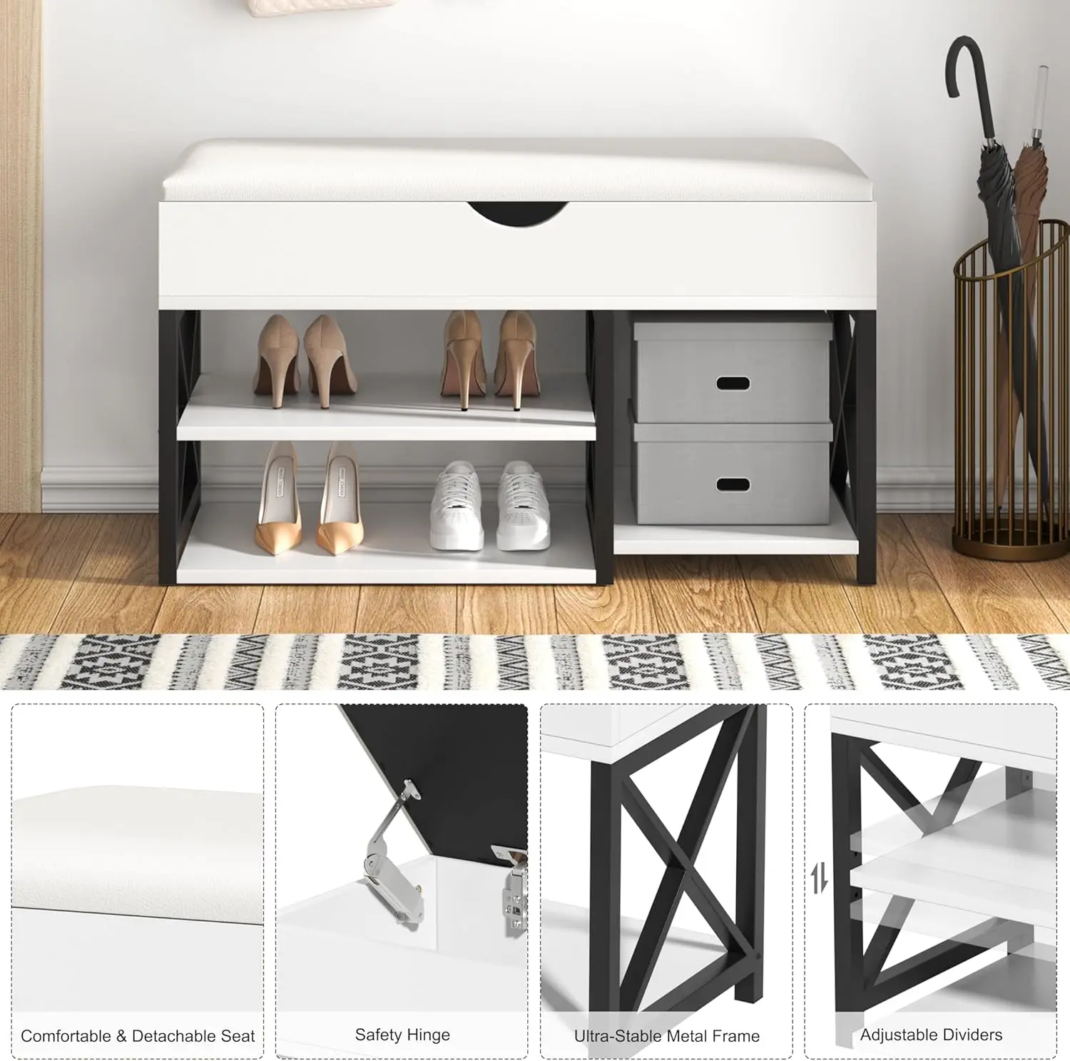 3-Tier Shoe Bench, Entryway Shoe Rack with Storage Organizer and Padded Seat for Hallway, Living Room, White