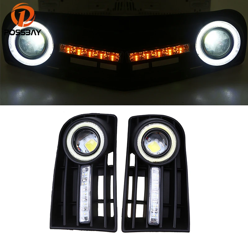 

POSSBAY Car LED Daytime Running Lights Angel Eye Fog Light Front Bumper Grilles DRL for VW Polo MK4 9N3 2005-2009 Facelift