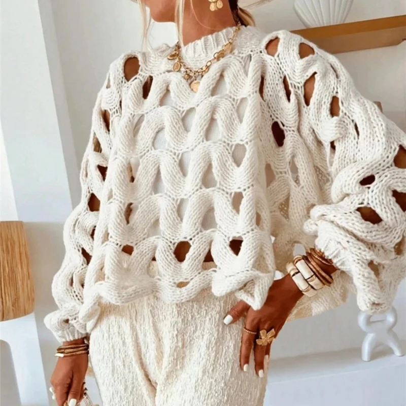 Sexy Hollow Out Long Sleeved Knitted Sweater Summer Beach O-neck Crochet Pullover Casual Solid Color Women's Loose Top Blouses 1