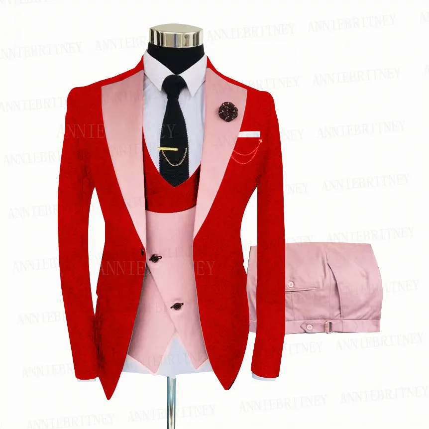 Jacquard Red Suit Men 3 Pieces Groom Wedding Tuxedo Slim Fit Prom Party Blazer Suit Jacket Double Breasted Vest Pants Set