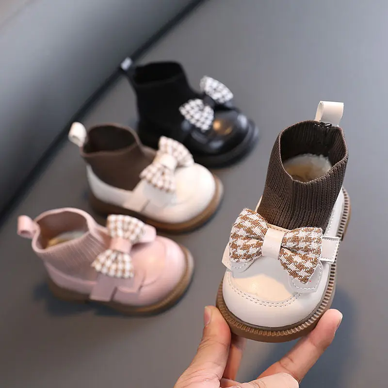 Infant Girl\'s Sock Boots Children Casual Knitted Short Boot  Winter Chunky Bow Elegant Cute Toddler Girl Patent Leather Shoes