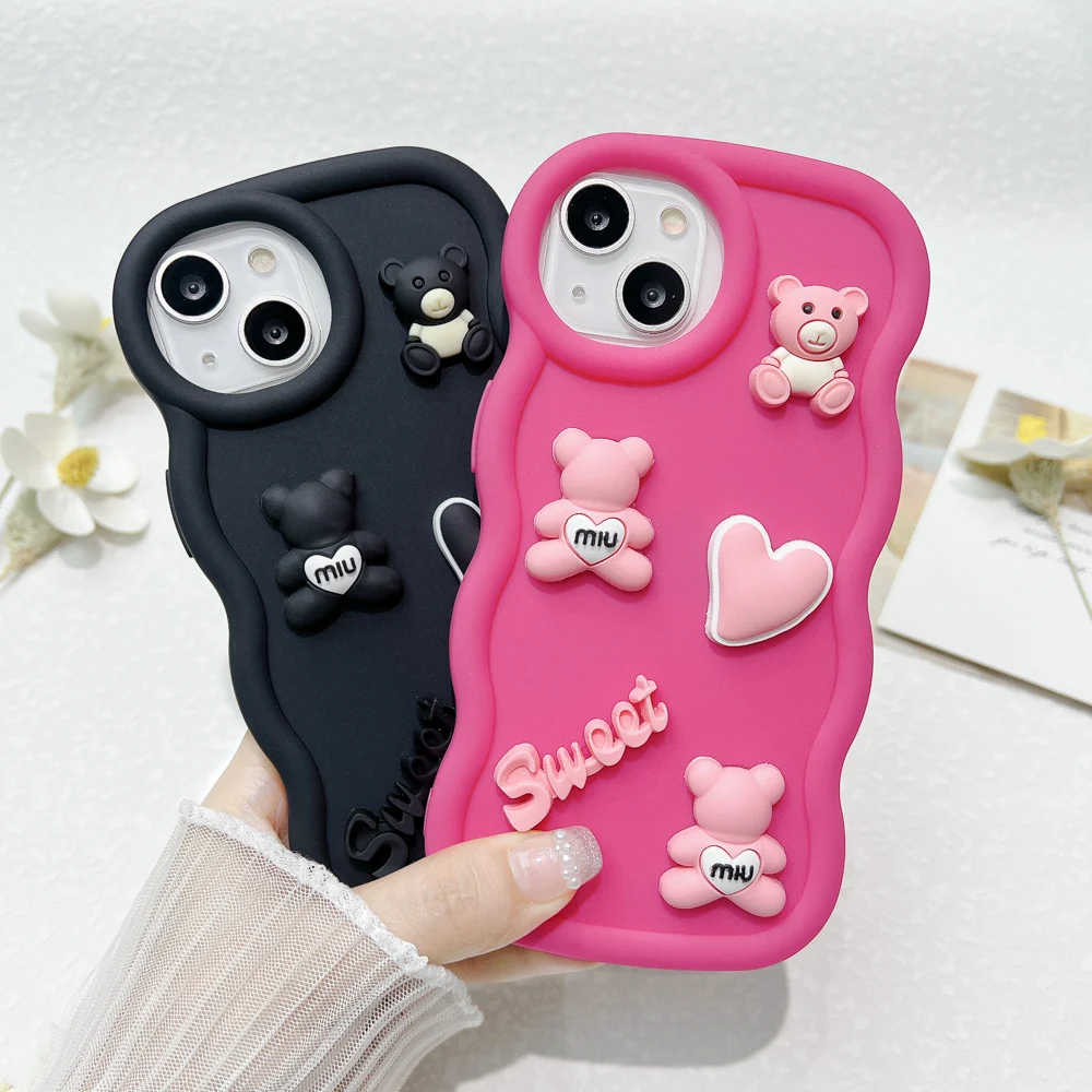 3D DIY Wave Phone Cases For iPhone 15 Case iPhone 13 Pro Max 14 16 11 12 Xs X XR 6 7 8 Plus SE 2022 Korea Cute Bear Soft Cover