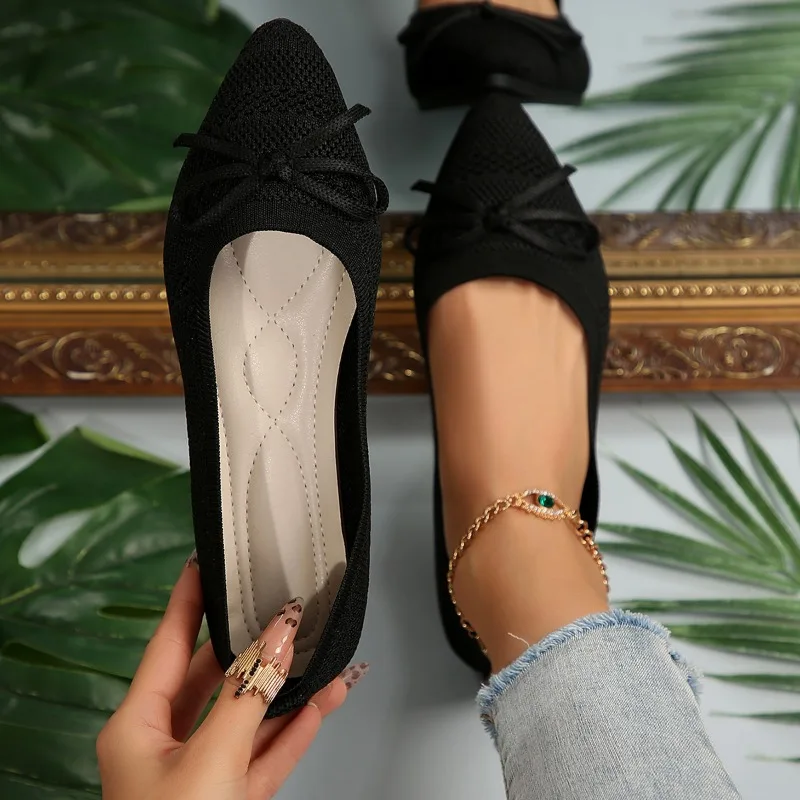New Women's Knitted Slip on Flats Breathable Comfortable Bowtie Walking Shoes Casual Pointed Toe Walking Sneakers Loafers 3