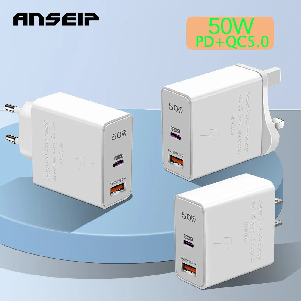 Зарядное устройство ANSEIP 50 Вт, быстрая зарядка QC5.0 USB C PD, адаптер для зарядки телефона iPhone 12 Pro Max 13 14 Huawei Xiaomi Redmi Samsung