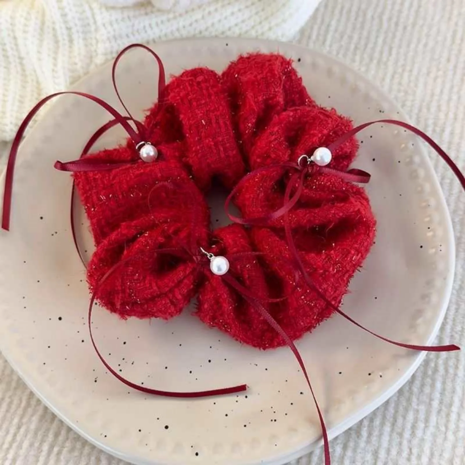 1PC Red Glitter Scrunchies Set, Lace Trim & Pearl Ribbon Decor Hair Ties, Elegant Retro-Style Elastic Hair Bands For Women