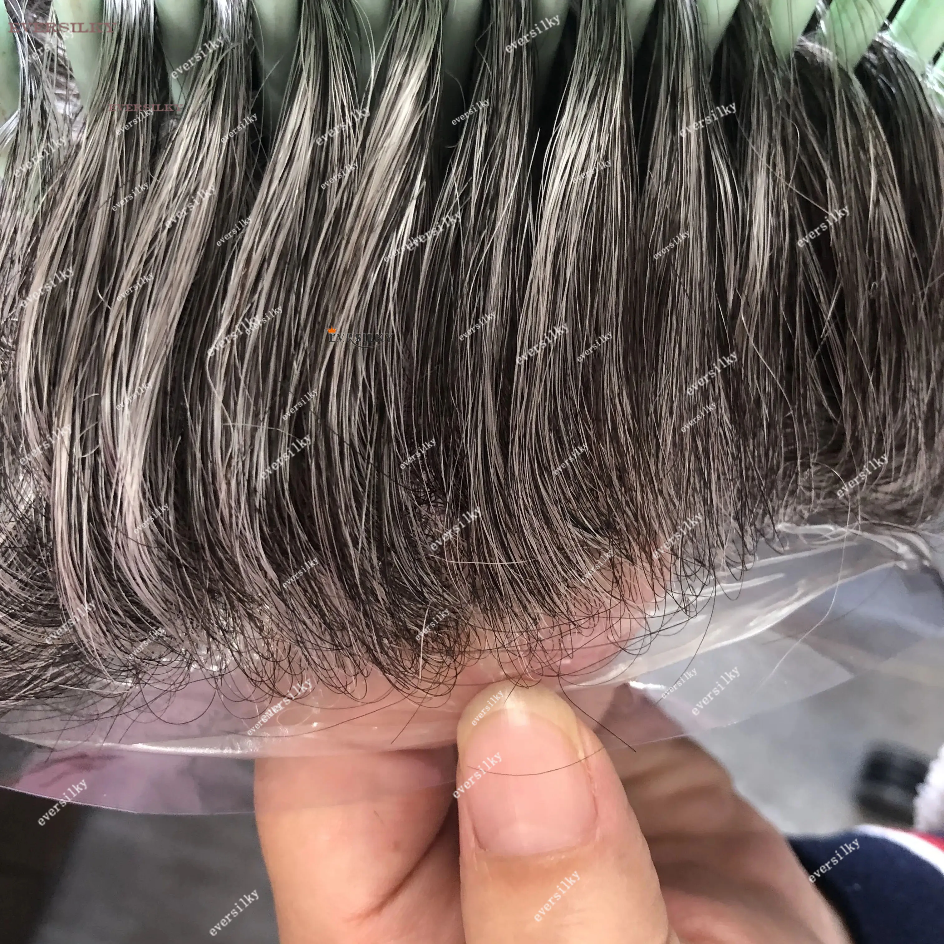 Super Thin 0.02-0.03mm Skin Men\'s Toupee Natural Hairline Male Vlooped Grey Black 100% Human Hair Replacement System Capillary