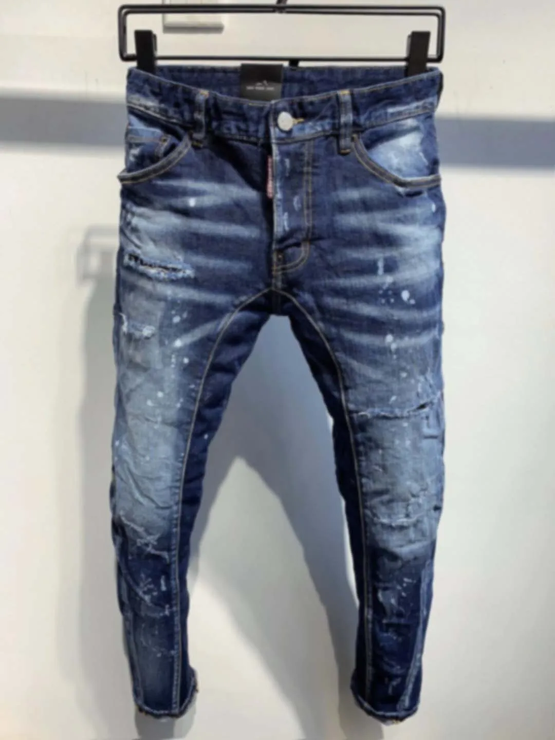 2023 New Denim Pants Men's D2 Jeans Splice Dark Blue Wash Durable Slim Fit Micro Elastic Casual Patch Paint