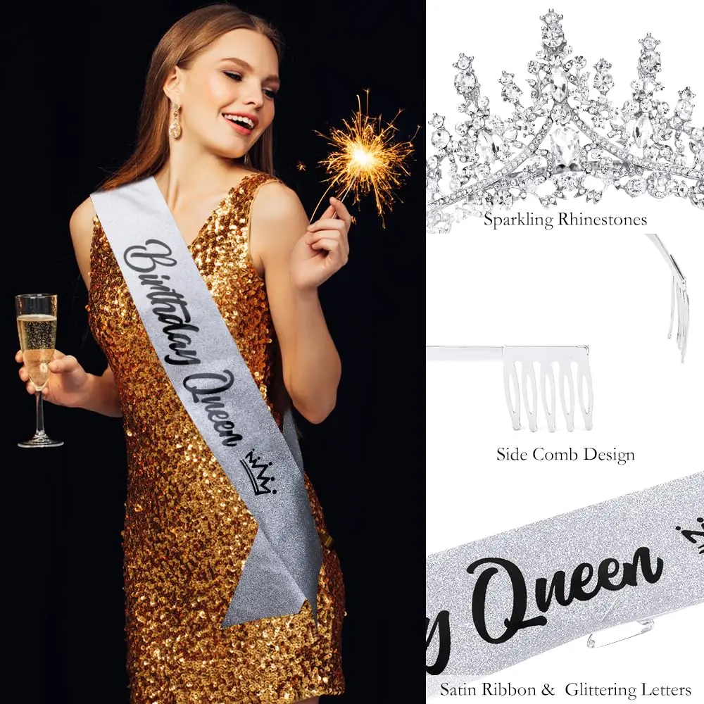 Hair headdress bridal headwear hair band crown Bling Rhinestone Crystal Crown Tiara Birthday Princess Sash and Crown for Women Birthday Princess Party Decorations