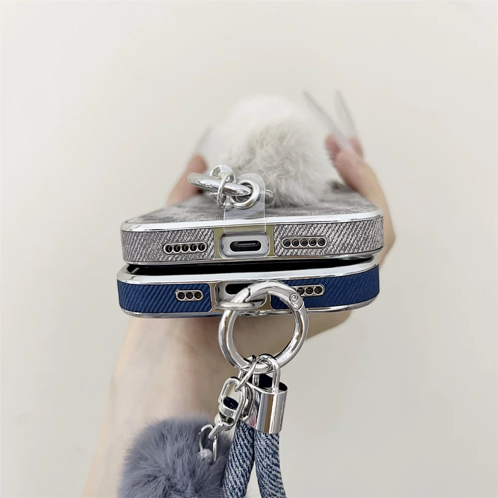 Luxury Jeans Denim Phone Case with Lanyard Wrist Strap and Matte Back Cover