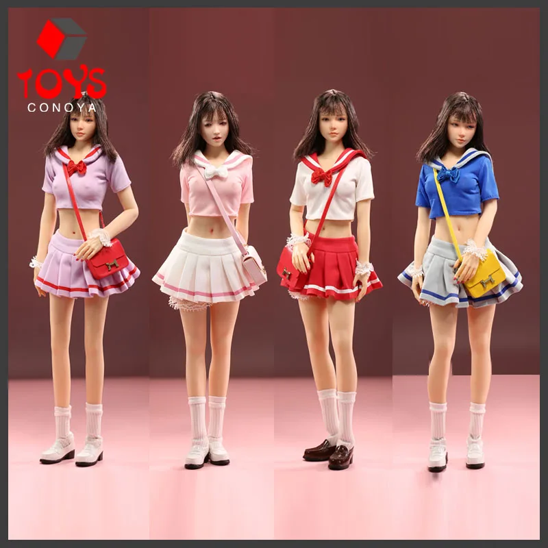 

JO23X-10 1/6 Girl Sexy Student Uniform T-shirt Pleated Skirt Set Fit 12-inch Female Soldier Small Mid Breast Action Figure Body