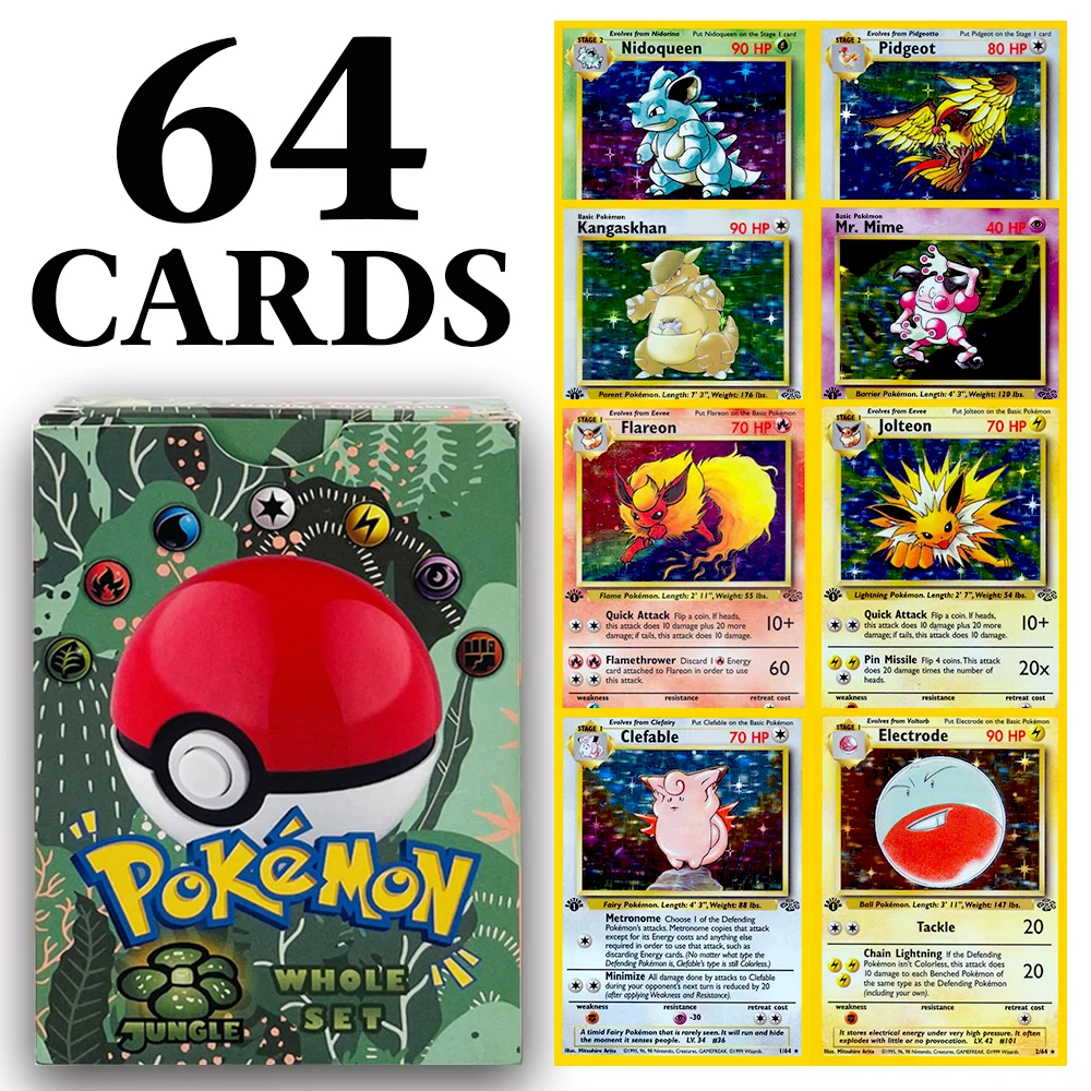 64PCS PKM Whole Set Jungle Set Collection Proxy Cards Game Toys Contains  Clefable Electrode Flareon Jolteon Kangaskhan Pidgeot - AliExpress 26