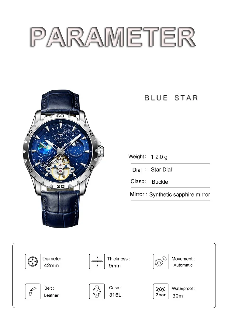 AILANG 2025, neue Original-Herrenuhr mit Sternenhimmel-Design, luxuriöse automatische mechanische wasserdichte Mondphasen-Armbanduhr – Detail 7