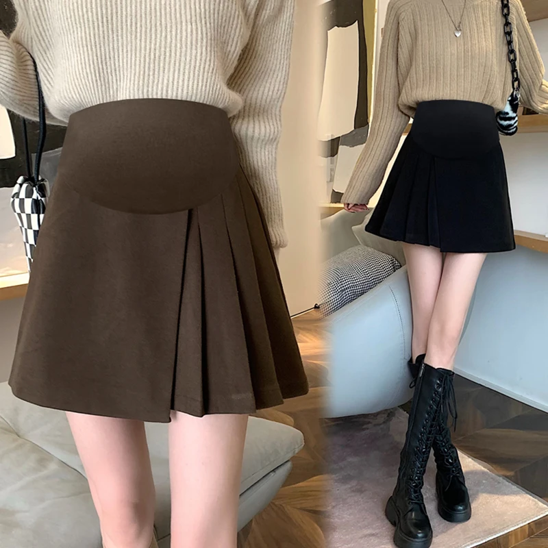 Autumn Maternity Mini Skirts Adjustable Waist Pregnant Women's Clothes Fashion Pregnancy Empired Woolen Skirts Black Coffee