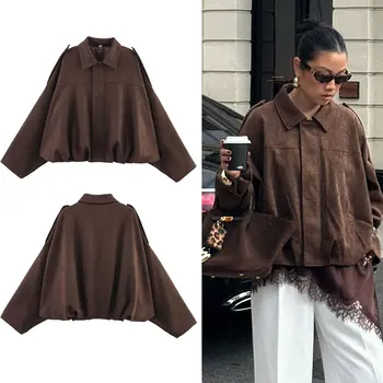 HH femmes rue mode solide ample daim Texture manteaux casual longues manches chauve-souris revers fermeture éclair mouche hiver Vintage vestes