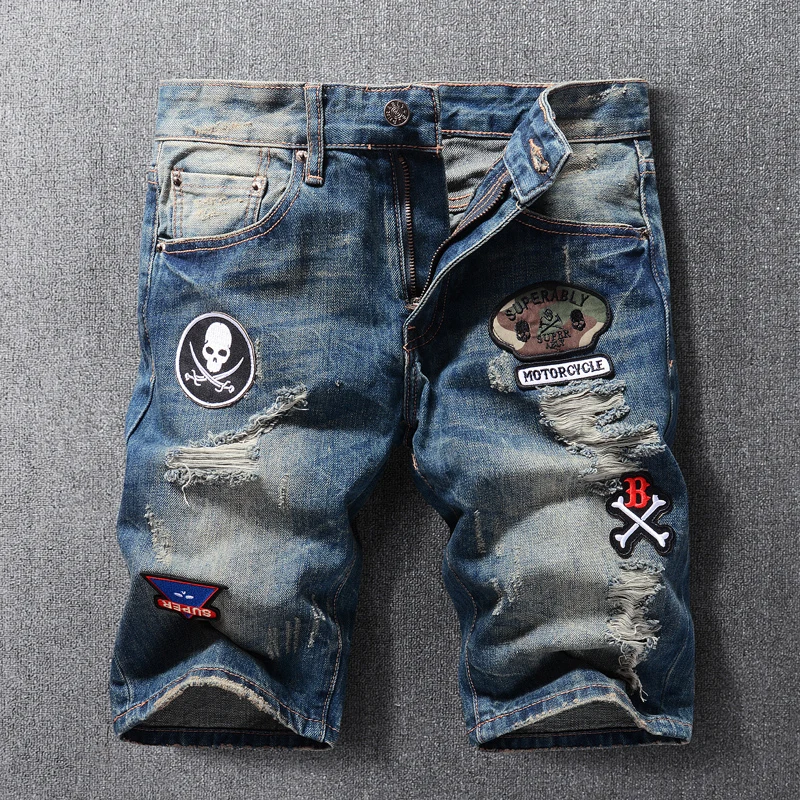 Summer Fashion Men Jeans Retro Blue Regular Fit Patches Designer Ripped Short Jeans Homme Street Style Hip Hop Denim Shorts Men