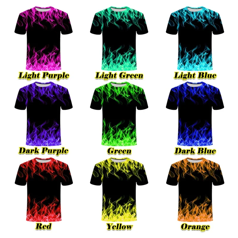 Men Short Sleeve Cool T-Shirts 3D Print Colorful Flame Male T-Shirts Round Neck Casual Tee Shirts Plus Size XXS-6XL