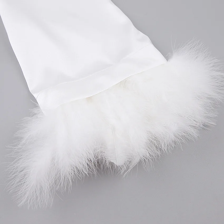Women Satin Kimono Gown Robe Bling Nightgown Sexy Bride Bridesmaid Wedding Feather Robe V Neck Female Dressing Gown Home Dress