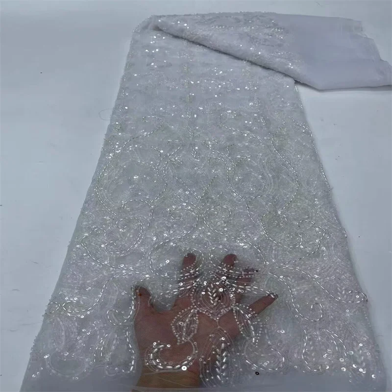 

White African Sequins Beaded Lace Fabrics 2024 High Quality Sequence Embroidery French Nigerian Lace Fabric For Wedding Sewing