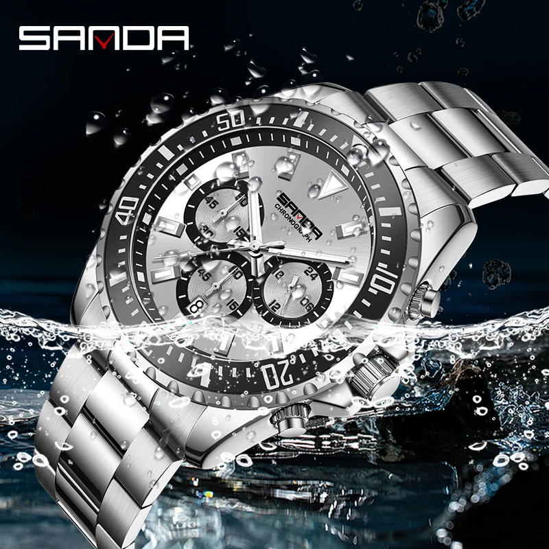 SANDA New Steel Band Calendar Men's Quartz Watch 5306 Simple Three Eyes Six Needle Green Water Ghost Fluorescent Men's Watch