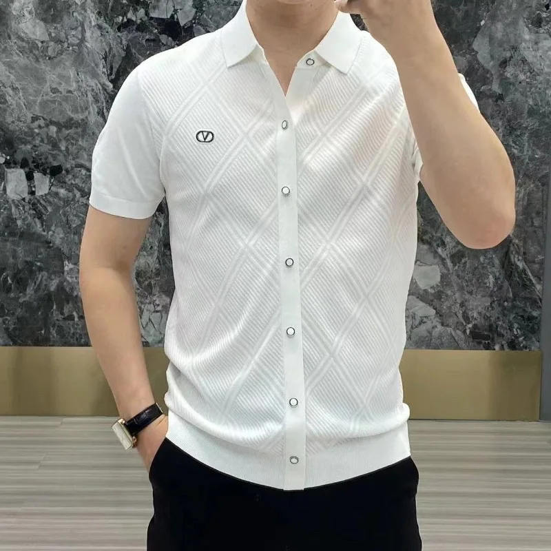 

Trend Summer Men's Solid Color Jacquard Weave Turn Down CollarShort Trendy Brand Knitted Single Breaked Smart Casual T-shirt Top