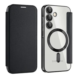 Electroplated Flip Leather Card Case with MagSafe Wireless Charging Protection for A55 5G (Black)