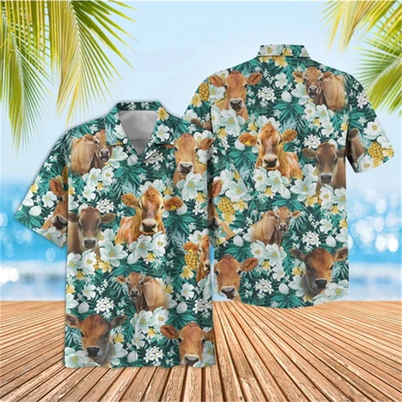 

Funny Animal Cow 3D Print Beach Shirts For Men Short Sleeve Bear Lapel Blouse Hawaiian Boy Button Tops Men's Clothing