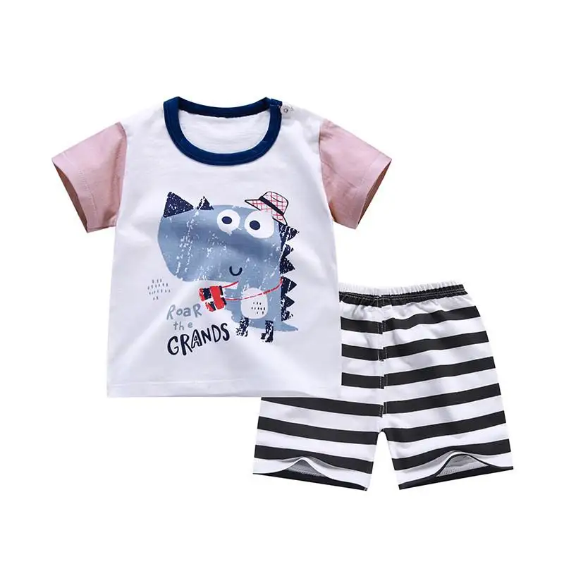0-4years  Chirldren Summer Outfits T-shirt+shorts Boys And Girls  Loose Casual Cartoon Clothes Stripe O-neck 2pcs Sets Simple newborn baby clothing set