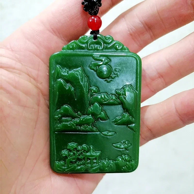 

Natural Green Hand Carved Landscape Jade Pendant Fashion Boutique Jewelry Men's and Women's Landscape Painting Necklace Gift