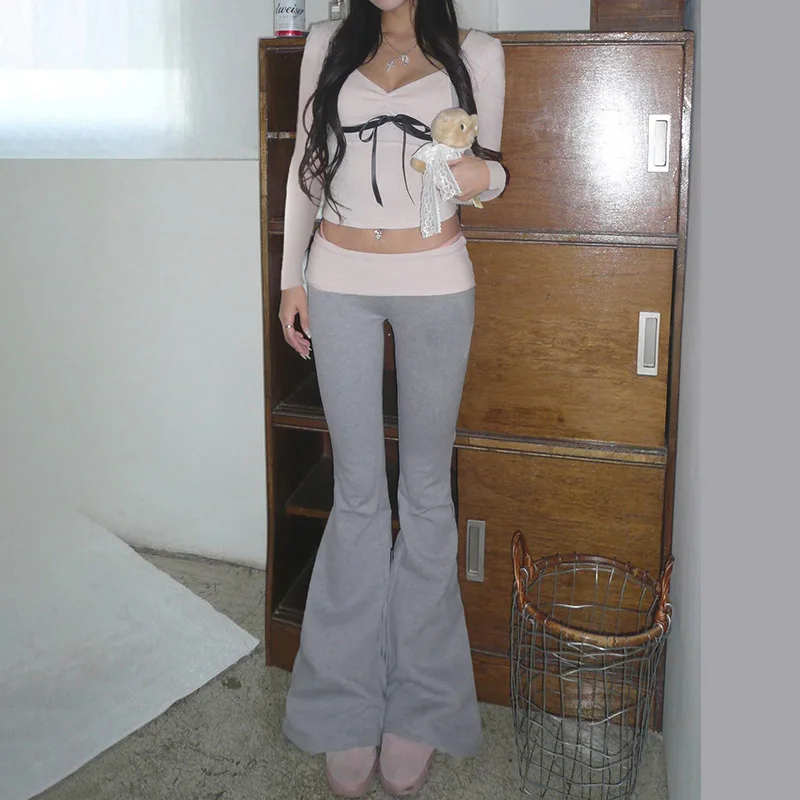 

Korean Coquette Low Waisted Slim Autumn Sweatpants Casual Basic Flare Trousers Cutecore Skinny Boot Cut Pants Outfits