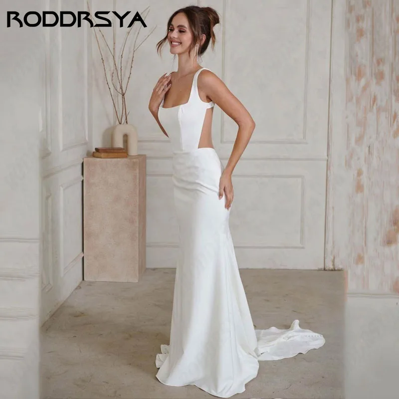 

RODDRSYA Mermaid Wedding Dress Spaghetti Straps Square Collar vestidos novia civil Sexy Backless Simple Soft Satin For Women