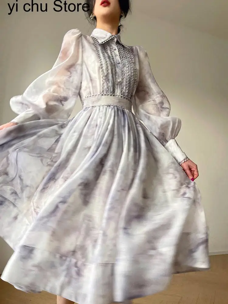 

New French Elegant Print 2 Pieces Set For Women Lace Lantern Sleeve Shirt High Waist Maxi Skirt 2023 New
