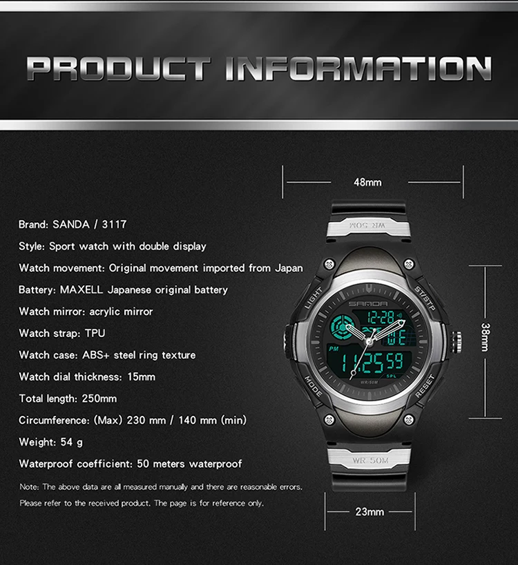 SANDA New Sports Men Watch Casual 50M Waterproof Dual Display Clock Digital Wristwatches Fashion Mens Watch For Men Reloj Hombre good sports watch