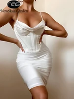 Satin Corset Dress Strap Padded Boned Cowl Neck Bodycon Sexy Club Party Dresses for Women
