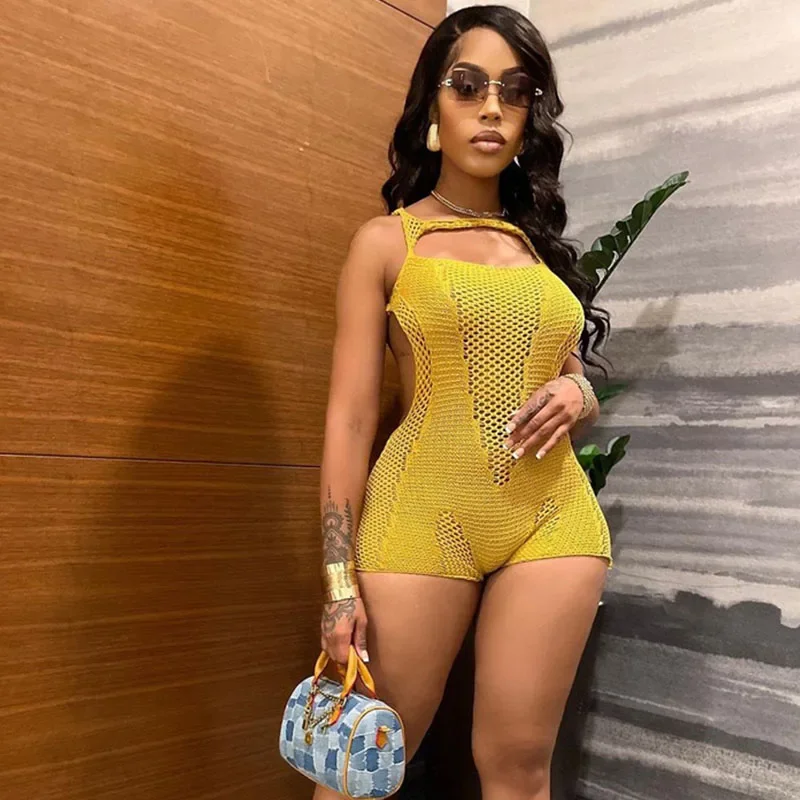 779181-3211ba.jpg Sexy Hollow Out Knitted Party Playsuit Women Rompers and Jumpsuits Open Back Sleeveless Skinny Beach Outfits Combinaison Short - Image 1
