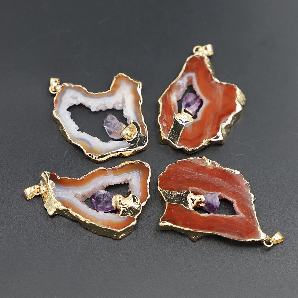 Fashion Natural Stone Agate Druzy Citrine Pendants Irregular Quartz Purple Carnelian Charms Jewelry Making Necklace Accessories